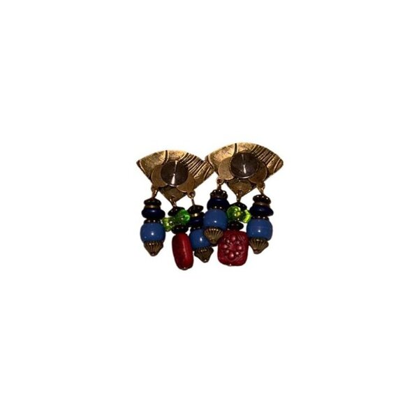 Vtg 80s 90s Brass Toned Textured Metal Beaded Waterfall Dangle Earrings Retro - Picture 3 of 4